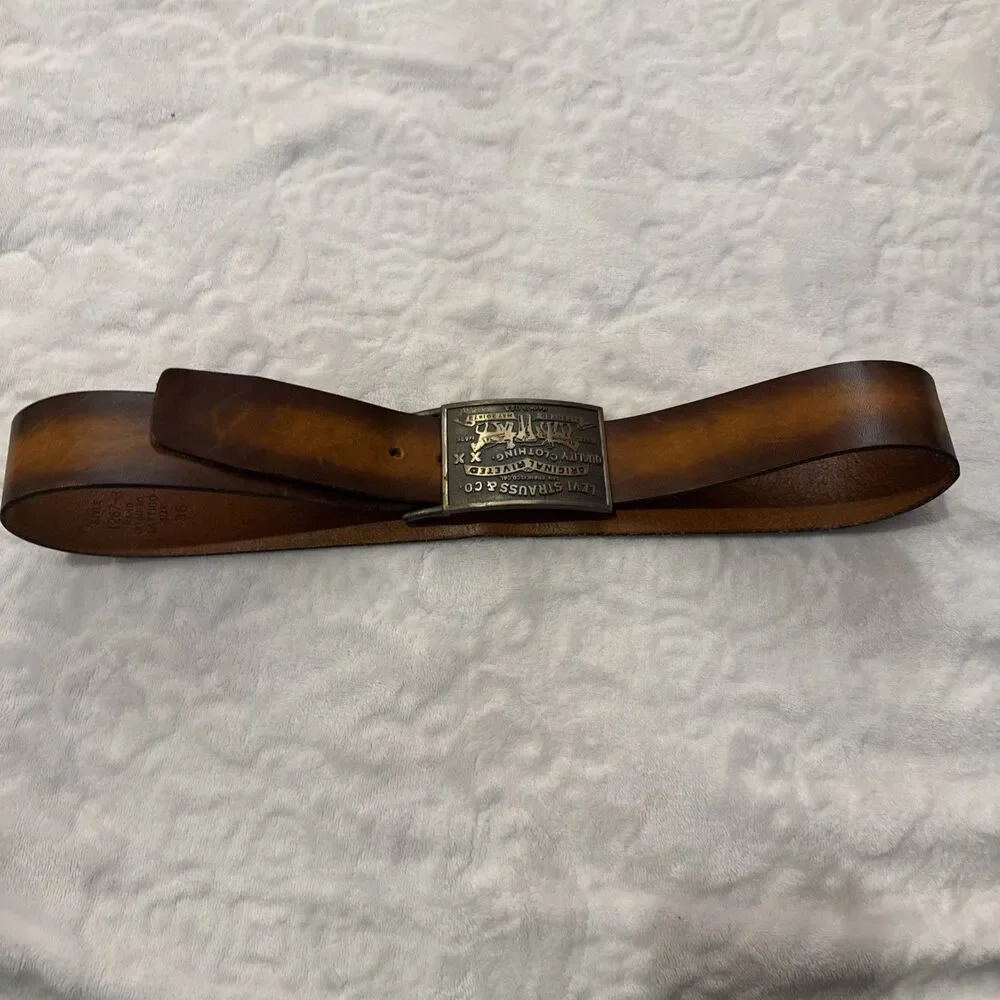 70s LEVIS Strauss Belt & Buckle 36 Tan Brass Hand Stained Latigo Leather 2 Horse